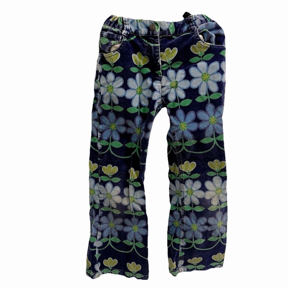Vintage Mini Boden Girls Flared Corduroy Pants Blue Flowers Size 7-8Y Adjustable
